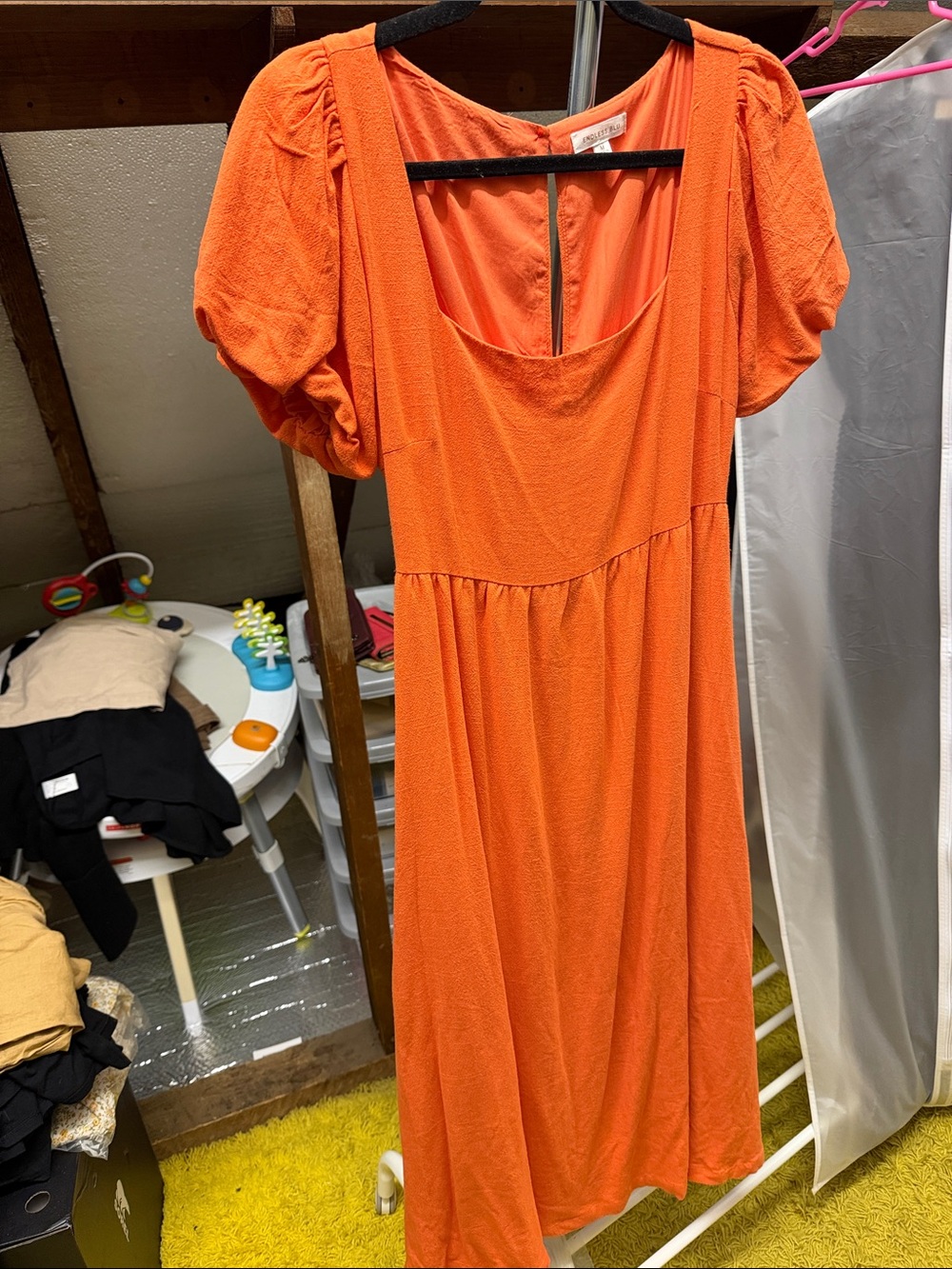 Coral-Orange Puff-Sleeve Linen Women's Midi Dress